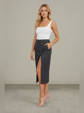 Button Detail High Slit Midi Skirt – Sleek Tailored Pencil Skirt